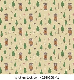 Cute bear Seamless pattern. Cartoon Animals in forest background. Vector illustration.