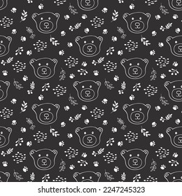 Cute bear Seamless pattern. Cartoon Animals in forest background. Vector illustration.