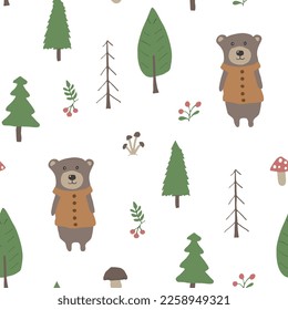 Cute bear Seamless pattern. Cartoon Animals in forest background. Vector illustration.