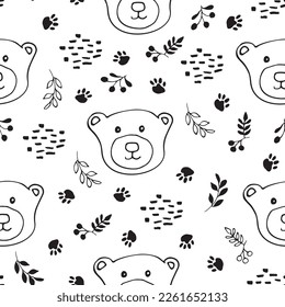 Cute bear Seamless pattern. Cartoon Animals in forest background. Vector illustration.