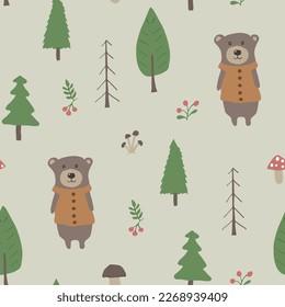 Cute bear Seamless pattern. Cartoon Animals in forest background. Vector illustration.