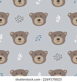 Cute bear Seamless pattern. Cartoon Animals in forest background. Vector illustration.
