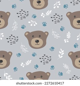 Cute bear Seamless pattern. Cartoon Animals in forest background. Vector illustration.