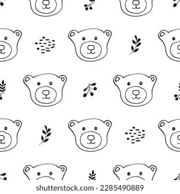 Cute bear Seamless pattern. Cartoon Animals in forest background. Vector illustration.