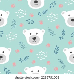 Cute bear Seamless pattern. Cartoon Animals in forest background. Vector illustration.