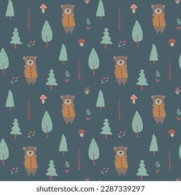 Cute bear Seamless pattern. Cartoon Animals in forest background. Vector illustration.