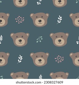 Cute bear Seamless pattern. Cartoon Animals in forest background. Vector illustration.
