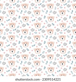 Cute bear Seamless pattern. Cartoon Animals in forest background. Vector illustration.