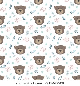 Cute bear Seamless pattern. Cartoon Animals in forest background. Vector illustration.