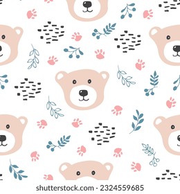 Cute bear Seamless pattern. Cartoon Animals in forest background. Vector illustration.