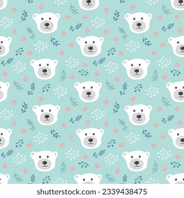 Cute bear Seamless pattern. Cartoon Animals in forest background. Vector illustration.
