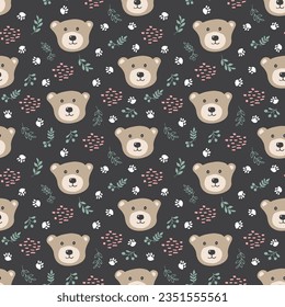 Cute bear Seamless pattern. Cartoon Animals in forest background. Vector illustration.
