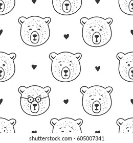 Cute bear seamless pattern. Cartoon style doodle drawing with hearts design elements for textile prints decoration. Hand drawn vector illustration.