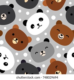 Cute Bear Seamless Pattern, Cartoon Hand Drawn, Vector illustration