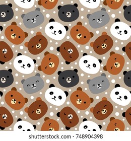 Cute Bear Seamless Pattern, Cartoon Hand Drawn, Vector illustration