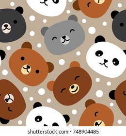 Cute Bear Seamless Pattern, Cartoon Hand Drawn, Vector illustration