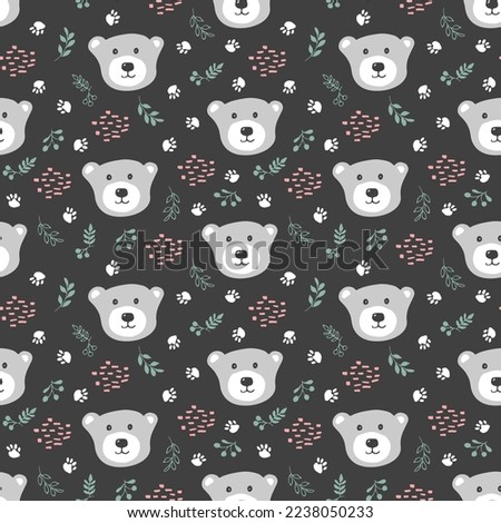 Cute bear Seamless pattern. Cartoon Animals in forest background. Vector illustration.