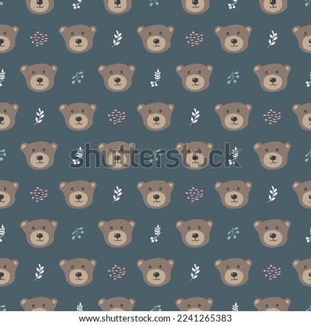 Cute bear Seamless pattern. Cartoon Animals in forest background. Vector illustration.