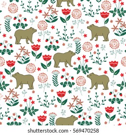 Cute bear seamless pattern. Doodle forest background with bears