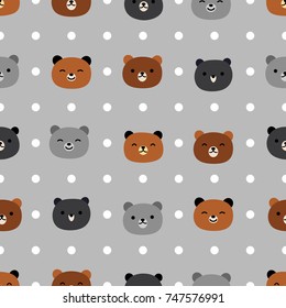 Cute Bear Seamless Pattern with Dot, Cartoon Hand Drawn, Vector illustration