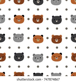 Cute Bear Seamless Pattern with Dot, Cartoon Hand Drawn, Vector illustration
