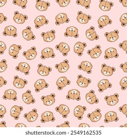 Cute bear seamless pattern with friendly faces on a soft pink background for children and crafts