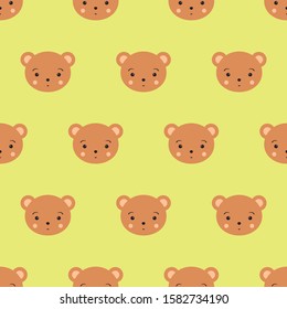 Cute bear seamless pattern. Funny woodland forest animal. Green background. Cartoon vector illustration 