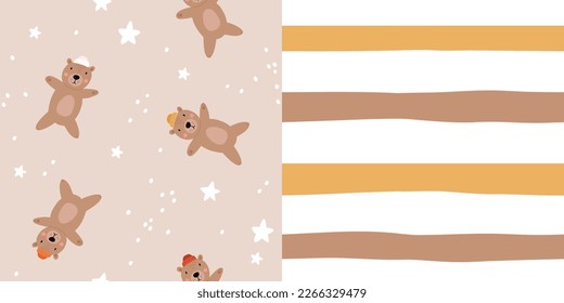 Cute bear seamless pattern. grizzly bear in hat with stars. Kawaii cartoon character. Baby greeting card template. Notebook cover, tshirt.