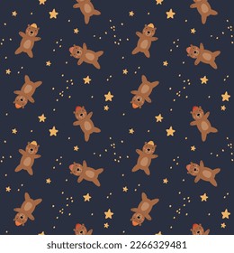 Cute bear seamless pattern. grizzly bear in hat with stars. Kawaii cartoon character. Baby greeting card template. Notebook cover, tshirt.