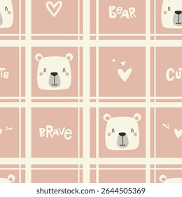 Cute bear seamless pattern with heart, playful lettering and pastel colors. Childish style vector illustration for textile, bedding, apparel, print, wrapping paper, clothing, background and others