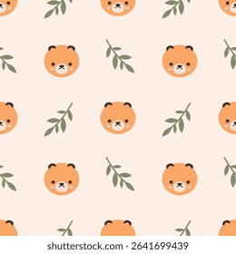 Cute Bear Seamless Pattern with Leaves Vector Illustration. Perfect for children's design projects, wallpapers, and textiles.