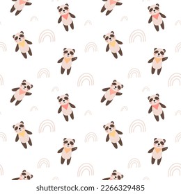 Cute bear seamless pattern. Panda with rainbows. Kawaii cartoon character. Baby greeting card template. Notebook cover, tshirt.