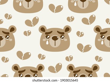 Cute bear seamless pattern, A picture of a bear crying with and heart broken.