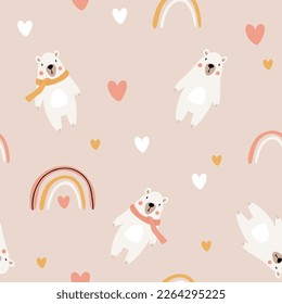 Cute bear seamless pattern. polar bear with hearts and rainbows. Kawaii cartoon character. Baby greeting card template. Notebook cover, tshirt.