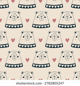 Cute bear seamless pattern. Scandinavian style bears heads in scarf with pink hearts. Nursery print template for fabric, wallpaper, napkin, vector background