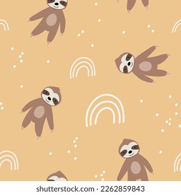 Cute bear seamless pattern. sloth with rainbows. Kawaii cartoon character. Baby greeting card template. Notebook cover, tshirt.