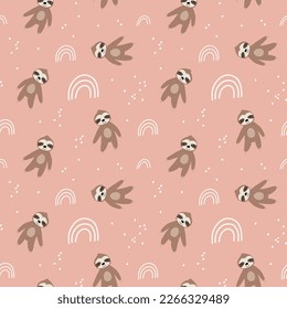 Cute bear seamless pattern. sloth with rainbows. Kawaii cartoon character. Baby greeting card template. Notebook cover, tshirt.