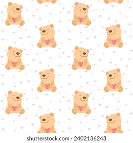 Cute bear seamless pattern. Smiling teddy bear with pink hearts