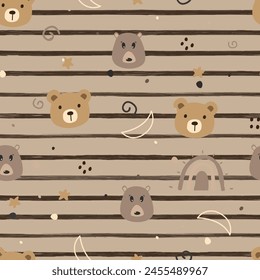 Cute Bear seamless pattern. Vector mini bear illustration on striped background with element. 