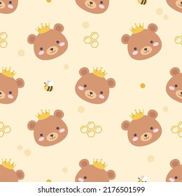 Cute bear seamless pattern in the yellow backdrop. Vector illustration.