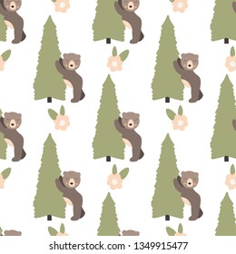 Cute bear seamless vector background with floral elements. Sketch for wrapping paper.