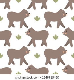 Cute bear seamless vector background with floral elements. Sketch for wrapping paper.