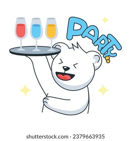 Cute bear serving party drinks, doodle style sticker 