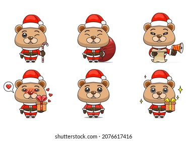 cute bear set, animal character bundles in santa costumes, animals wearing christmas costumes. cartoon in kawaii style, chibi mascot. very suitable for Christmas content. for adult or child