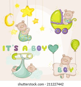 Cute Bear Set for Baby Shower or Arrival Cards in vector