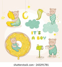 Cute Bear Set. Baby Shower or Arrival Card in vector