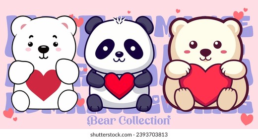 Cute Bear Set Collection: Teddy Bear, Panda, Polar Bear. Vector Compositions with Bears, Hearts in Flat Style for Valentine’s Day
