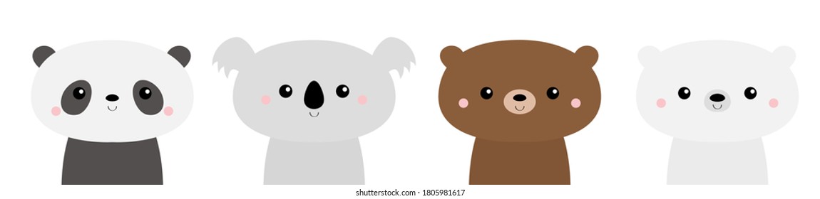 Cute bear set. Panda, koala, grizzly, polar cub. Kawaii cartoon character. Funny head face. Happy Valentines Day. Baby greeting card template. Notebook cover, tshirt. White background. Flat Vector