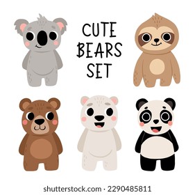 Cute bear set. Panda, koala, grizzly, polar, sloth. Kawaii cartoon character. Baby greeting card template. Notebook cover, tshirt.