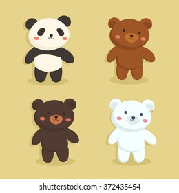 Cute Bear Set. Vector illustration set of panda bear, grizzly bear, black bear, and polar bear in brown background.